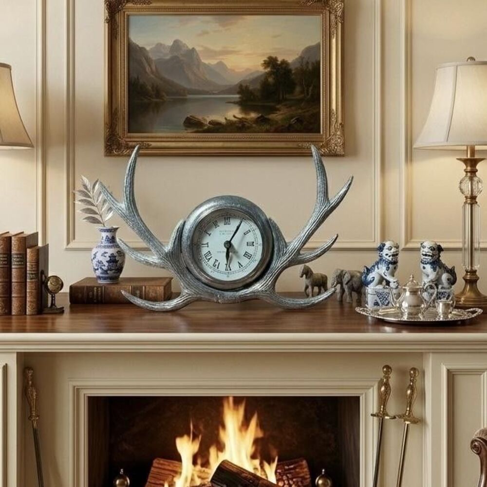 Governer's Time House Antler Mantel Clock Silver Metal Quartz Lodge Decor India